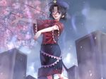  :p bad_id bad_pixiv_id black_hair blue_eyes cherry_blossoms flower graveyard hat jiangshi miyako_yoshika nayuzu ofuda outstretched_arms pale_skin petals short_hair side_slit skirt solo star tombstone tongue tongue_out touhou tree zombie_pose 