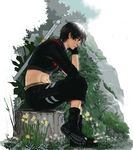  black_footwear black_gloves black_hair black_pants boots daffodil daisy flower forehead_protector forest from_side full_body gloves grass luke_uehara male_focus midriff mountain naruto naruto_(series) naruto_shippuuden nature outdoors pants profile sai_(naruto) sitting solo toeless_boots tree tree_stump weapon 