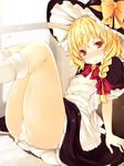  ass blonde_hair blush bra braid covered_nipples flat_chest hat highres kaneru kirisame_marisa legs_up lingerie open_clothes open_shirt orange_eyes panties shirt sitting solo thick_thighs thighs touhou trefoil underwear white_bra white_legwear white_panties witch_hat yellow_eyes 