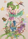  \m/ aircraft airplane bow dual_persona green_hair hair_bow highres jet macross macross_frontier macross_frontier:_sayonara_no_tsubasa mecha multiple_girls necktie ranka_lee red_eyes senpuuki short_hair smile star stuffed_animal stuffed_toy teddy_bear thighhighs wings yf-29 