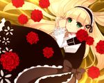  bad_id bad_pixiv_id blonde_hair flower gosick green_eyes hairband lolita_fashion long_hair looking_at_viewer lying mya_(ma0ma0ma) red_flower red_rose rose solo victorica_de_blois 