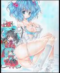  bare_shoulders blue_eyes blue_hair bow bra bra_pull breasts cat chibi hair_bobbles hair_ornament kaenbyou_rin kaenbyou_rin_(cat) kagiyama_hina kawashiro_nitori kneehighs lingerie marker_(medium) medium_breasts multiple_girls nipples off_shoulder panties panty_pull pekopokox pussy reiuji_utsuho shikishi striped striped_panties touhou traditional_media two_side_up underwear white_legwear 