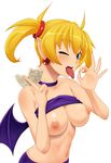  arcana_heart bare_shoulders bat_wings blonde_hair blue_eyes blush breasts choker demon_girl demon_wings earrings fang jewelry lilica_felchenerow looking_at_viewer medium_breasts money navel no_bra one_eye_closed open_mouth pointy_ears purple_shorts purple_tubetop sexually_suggestive shirt_lift shorts simple_background smile solo strapless tomatto_(@ma!) tongue tongue_out tubetop tubetop_lift twintails white_background wings 