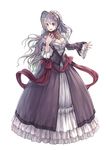  absurdres atelier_(series) atelier_rorona blush bonnet bow breasts cleavage dress frills full_body grey_hair highres jewelry kishida_mel long_hair long_sleeves medium_breasts mole necklace official_art open_mouth pamela_ibiss red_eyes simple_background solo standing victorian 