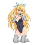  :p aizawa_hikaru bare_shoulders blonde_hair blue_eyes breasts detached_sleeves enoko_(zqfebi) hair_ribbon highres kneeling leotard long_hair medium_breasts microsoft os-tan ribbon silverlight solo thighhighs tongue tongue_out very_long_hair 