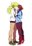  bad_id bad_pixiv_id brown_hair green_hair height_difference hirosuke_(psychexx) kiss long_hair male_focus multiple_boys n_(pokemon) no_hat no_headwear pokemon pokemon_(game) pokemon_bw tiptoe_kiss tiptoes touya_(pokemon) yaoi 