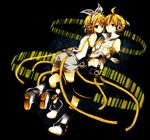  1girl anzu_(o6v6o) arm_warmers blonde_hair blue_eyes brother_and_sister detached_sleeves hair_ornament hair_ribbon hairclip headphones kagamine_len kagamine_len_(append) kagamine_rin kagamine_rin_(append) leg_warmers navel ribbon short_hair shorts siblings twins vocaloid vocaloid_append 