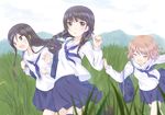  bad_id bad_pixiv_id bag banned_artist black_eyes black_hair blurry blush braid closed_eyes depth_of_field grass hair_over_shoulder hanasaku_iroha long_hair matsumae_ohana mirai_(macharge) multiple_girls oshimizu_nako pink_hair running school_bag school_uniform serafuku short_hair tsurugi_minko twin_braids 