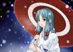  bangs beads blue_hair hair_beads hair_ornament holding holding_umbrella japanese_clothes kanden kimono kiriha_(tsugumomo) long_sleeves looking_at_viewer obi parted_lips pointy_ears red_eyes sash sidelocks snowing solo straight_hair tsugumomo umbrella upper_body white_kimono 