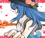  blue_hair colored_eyelashes eyelashes face fire food fruit hands hat hinanawi_tenshi long_hair looking_back oekaki peach petals red_eyes solo sword sword_of_hisou touhou uousa-ou upper_body weapon 