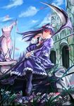  animal_ears black_hair cat_ears day dress gokou_ruri gothic_lolita highres lolita_fashion long_hair ore_no_imouto_ga_konna_ni_kawaii_wake_ga_nai pantyhose qblade red_eyes scythe solo statue 