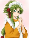  apron blush green_eyes green_hair japanese_clothes jochuu-san kimono long_hair maid_headdress original simple_background smile solo yagisaka_seto 