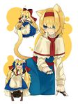  alice_margatroid animal_ears bad_id bad_pixiv_id blonde_hair blue_eyes bow capelet cat_ears cat_tail embarrassed fang glaring hair_bow hair_over_one_eye hairband highres kemonomimi_mode matching_shanghai shanghai_doll short_hair sitting solo sweatdrop tail touhou wavy_mouth yomosaka 