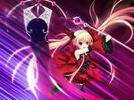  blonde_hair bloody_rondo dress game_cg lolita_fashion long_hair red_eyes scythe thighhighs twintails 