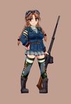  aircraft airplane armband boots braid breasts brown_background brown_eyes brown_hair drum_magazine goggles goggles_on_head gun hair_ribbon hand_on_hip large_breasts mecha_musume military military_uniform original personification pigeon-toed ribbon simple_background solo spitfire_(airplane) thighhighs tokihama_jirou twin_braids uniform weapon world_war_ii zettai_ryouiki 