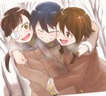  aoba_(smartbeat) black_hair brown_eyes brown_hair coat eyepatch gloves highres hug hug_from_behind long_hair multiple_girls one_eye_closed ponytail sakamoto_mio strike_witches takei_junko wakamoto_tetsuko world_witches_series 