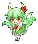  bad_id bad_pixiv_id blush chibi dress ex-keine fang green_hair horn_ribbon horns kamishirasawa_keine long_hair rebecca_(keinelove) red_eyes ribbon solo touhou 