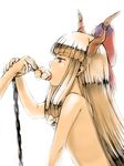  bangs blonde_hair blunt_bangs bow brown_eyes chain feeding gahaku horn_ribbon horns ibuki_suika long_hair nude open_mouth out_of_frame profile ribbon shiny shiny_hair simple_background solo_focus tongue touhou upper_body 