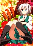  black_hairband blue_eyes chocolate feet food fruit hairband knees_together_feet_apart knees_touching konpaku_youmu panties pantyshot pantyshot_(sitting) sazanami_mio short_hair silver_hair sitting solo strawberry thighs touhou underwear 