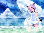  :d animal_ears bare_shoulders black_eyes cat_ears choker dress ocean open_mouth original pink_hair ribbon_choker skirt_hold sky smile solo sundress tail third-party_edit wading wallpaper water watermark white_dress yukitarou_(awamori) 