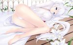  ass barefoot blue_eyes breasts cait flower large_breasts legs long_hair looking_at_viewer lying mabinogi nao_(mabinogi) no_pants on_side open_mouth panties silver_hair solo underwear wallpaper white_panties wooden_floor 
