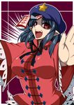  bags_under_eyes blue_hair breasts fangs hat highres jiangshi large_breasts miyako_yoshika ofuda open_mouth outstretched_arms pale_skin pointy_ears red_eyes short_hair smile solo star tajima_yuuki touhou upper_body zombie_pose 