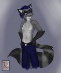  blue_hair chest_tuft fluff-kevlar hair jeans male raccoon short_hair solo standing tail topless 