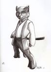  cute feline fighter hakama japanese japanese_clothing kashe kimono male mammal pencil solo sword traditional traditional_media warrior weapon 