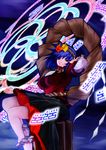  absurdres blue_hair danmaku hair_ornament highres mirror mountain_of_faith red_eyes rope sandals shimenawa short_hair solo taiti touhou yasaka_kanako 