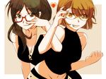  :q bare_shoulders black_hair brown_hair glasses grin heart locked_arms midriff mogiko multiple_girls original red-framed_eyewear short_hair smile tongue tongue_out yellow-framed_eyewear 