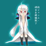  ahoge bespectacled black_legwear blush breasts caffein cleavage coat embarrassed glasses labcoat long_hair medium_breasts naked_labcoat open_mouth red_eyes silver_hair sleeves_past_wrists solo translated very_long_hair vocaloid voyakiloid younger yowane_haku 