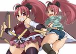  ass black_legwear boots bow casual curvy detached_sleeves fang food hair_bow kawacchi_hirohiro long_hair magical_girl mahou_shoujo_madoka_magica panties pantyshot pocky polearm ponytail red_eyes red_hair sakura_kyouko short_shorts shorts skirt thighhighs underwear weapon 