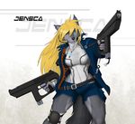  blonde_hair breasts canine clothed clothing dual_wield ear_piercing eyewear female goggles green_eyes gun hair jacket jensca long_hair looking_at_viewer mammal markings piercing plain_background ranged_weapon shorts slowfag solo strype tail tomboy weapon white_background wolf 