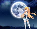  aizawa_hikaru artist_request blonde_hair blue_eyes from_behind full_moon hair_ornament long_hair looking_back microsoft moon silverlight skirt solo thighhighs wallpaper zettai_ryouiki 