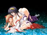  2girls aqua_eyes ass blue_eyes blue_hair blush breasts brown_hair cleavage hair_ribbon hairband hand_holding himemiya_chikane japanese_clothes kannazuki_no_miko kurusugawa_himeko leg_grab licking long_hair lying miko multiple_girls official_art purple_eyes ribbon tongue undressing water wet wide_sleeves yuri 