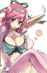  animal_ears barasoto_momo breasts cleavage collar curly_hair gloves gun hair_ribbon large_breasts legs muchi_muchi_pork pig_ears pink_hair ribbon solo thighs uuta_(uturautouto) weapon 