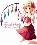 ascot bad_id bad_pixiv_id blonde_hair character_name flandre_scarlet hat jumping midriff rairateru red_eyes red_skirt skirt solo touhou wings 