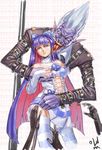  1girl arm_belt bare_shoulders blue_dress blue_hair blue_sclera breast_grab breasts bridal_gauntlets closed_mouth corset_(psg) detached_collar dress expressionless eyebrows grabbing groping hair_ribbon hands highres long_hair looking_at_viewer medium_breasts multicolored_hair oldmanpushcar panty_&amp;_stocking_with_garterbelt pink_hair pointy_ears pointy_hair purple_skin red_eyes ribbon signature skirt skirt_lift standing stocking_(psg) striped striped_legwear thighhighs tongue tongue_out two-tone_hair very_long_hair 