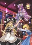  alice_margatroid barefoot blonde_hair blue_eyes crescent hat kirisame_marisa long_hair magic multiple_girls open_mouth patchouli_knowledge purple_eyes purple_hair short_hair sitting smile teasing the_hermit touhou witch_hat yellow_eyes 