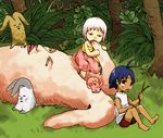  1girl barefoot bird blue_hair guu hare jungle jungle_wa_itsumo_hare_nochi_guu nature pink_hair pokute saki_(bakura) 