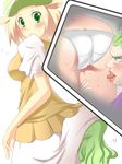  ass bel_(pokemon) bell_(pokemon) beret blonde_hair blush breasts dress fay frown geechisu_(pokemon) green_eyes green_hair hat large_breasts licking looking_back open_mouth panties pokemon pokemon_(game) pokemon_black_and_white pokemon_bw short_hair sweat tongue underwear 