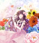  bad_id bad_pixiv_id blush brown_hair dress flower hair_flower hair_ornament hydrangea long_hair open_mouth peony_(flower) pink_eyes pink_flower pink_rose pixiv_fantasia pixiv_fantasia_5 riyuko_(kaioushin) rose smile solo sunflower tulip yellow_flower yellow_rose 