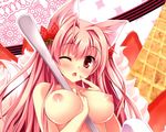  1girl animal_ears between_breasts blush breasts food large_breasts long_hair looking_at_viewer nipples pink_eyes pink_hair solo spoon strawberry tail whipped_cream wink 