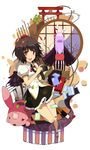  alternate_costume animal_ears black_hair black_wings brush bunny_ears camera evers hat highres japanese_clothes kimono long_hair multiple_girls purple_hair red_eyes reisen_udongein_inaba round_window scroll shameimaru_aya short_hair skirt tokin_hat torii touhou window wings 