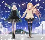  bad_id bad_pixiv_id black_legwear blonde_hair blue_eyes blue_hair blue_sky blush bow cardigan day dress feathers fur_trim hair_ornament hairclip hat holding_hands hood hooded_jacket jacket loafers long_hair multiple_girls nauribon outstretched_arm perfect_day_(supercell) pleated_skirt power_lines road scarf shoes short_hair skirt sky supercell telephone_pole thighhighs very_long_hair zettai_ryouiki 