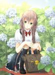  braid brown_hair flower green_eyes hair_over_shoulder highres hydrangea long_hair necktie original rain ribbon sitting skirt solo twin_braids ujou_kazuki very_long_hair wet 