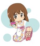  :o ankle_lace-up bad_id bad_pixiv_id blush_stickers bob_cut brown_eyes brown_hair camera chibi cross-laced_footwear dress hagiwara_yukiho idolmaster idolmaster_(classic) open_mouth short_hair sitting solo yunotimo 