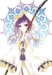  aya_gozen female gloomyclock hood long_hair naginata polearm purple_eyes purple_hair robe sengoku_musou sengoku_musou_3 solo weapon white_background 
