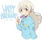 blonde_hair card card_in_mouth eila_ilmatar_juutilainen grin hands happy_birthday hood hoodie long_hair mouth_hold purple_card purple_eyes smile solo star strike_witches tabigarasu world_witches_series 