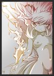  antennae breasts calabi_yau eyelashes fire frown hushabye monochrome navel nipples nude pubic_hair rhaia small_breasts solo spot_color yellow_eyes 